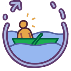 a figure in a green boat on the ocean, and has little happy rays coming off them. They were in a border of two curved lines with arrows, but the arrows are now broken at the top